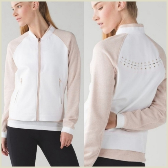 {4} Lululemon Var-City Bomber Jacket White Heathered Naked Butter Pink - Picture 1 of 16